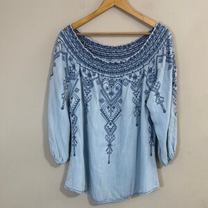Reba Off the Shoulder Embroidered Women's Chambray Top size XL Southwestern Boho